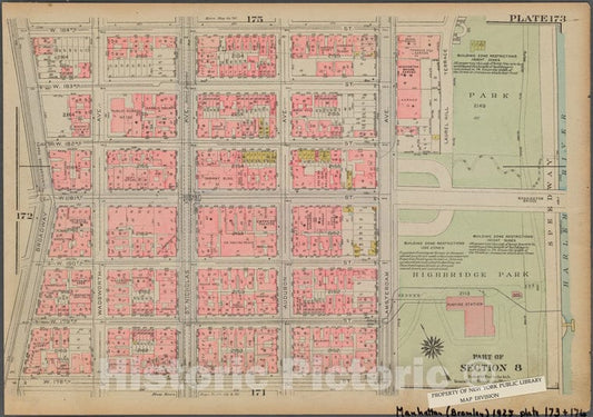 Historic 1925 Map - Plate 173, Part Of Section 8: [Bounded By W. 184Th Street, Laure - Vintage Wall Art