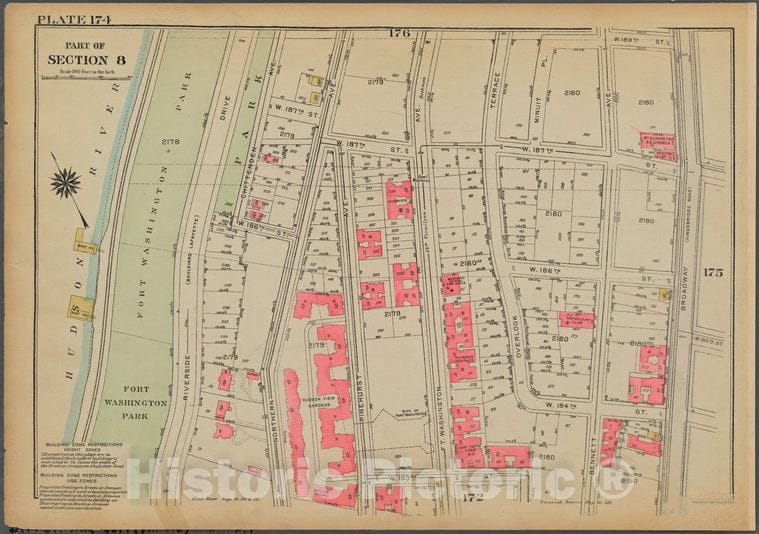 Historic 1925 Map - Plate 174, Part Of Section 8: [Bounded By W. 187Th Street, Broad - Vintage Wall Art