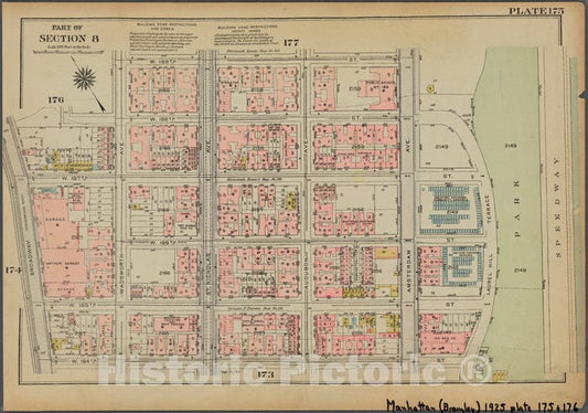 Historic 1925 Map - Plate 175, Part Of Section 8: [Bounded By W. 189Th Street, Amste - Vintage Wall Art