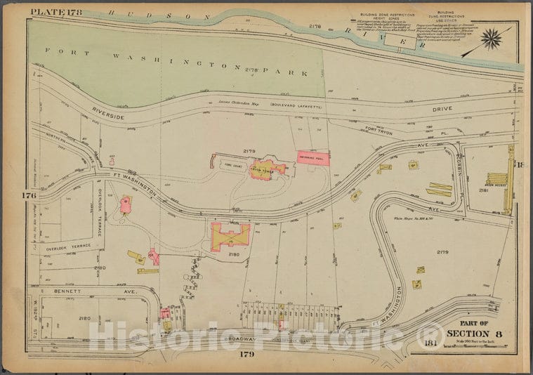 Historic 1925 Map - Plate 178, Part Of Section 8: [Bounded By (Hudson River, Fort Wa - Vintage Wall Art