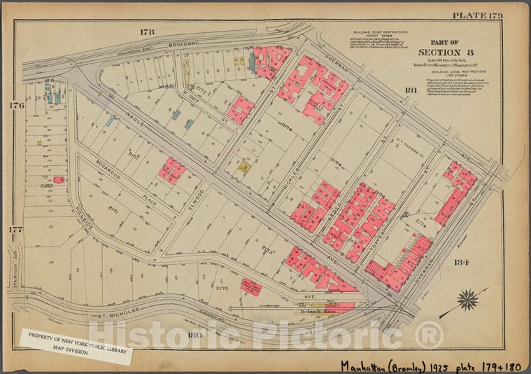 Historic 1925 Map - Plate 179, Part Of Section 8: [Bounded By Broadway, Sherman Aven - Vintage Wall Art