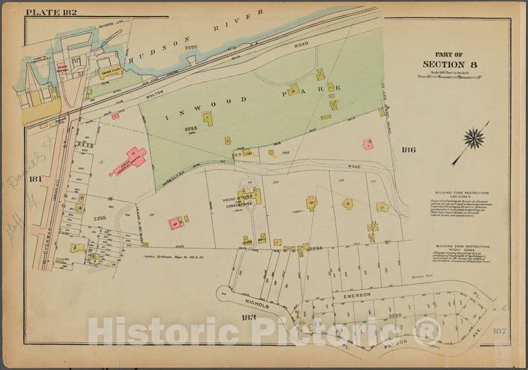 Historic 1925 Map - Plate 182, Part Of Section 8: [Bounded By (Hudson River) Bolton - Vintage Wall Art