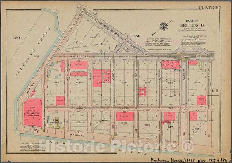 Historic 1925 Map - Plate 185, Part Of Section 8: [Bounded By Nagle Avenue, Amsterda - Vintage Wall Art
