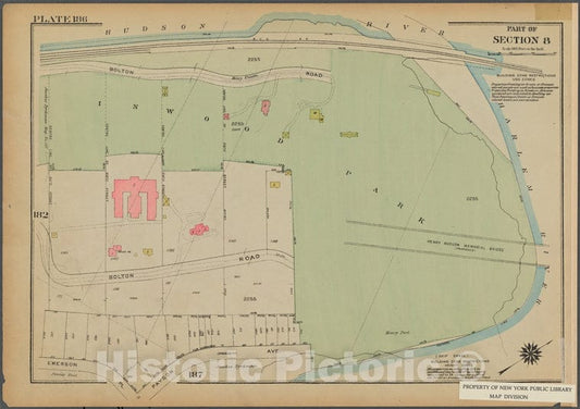 Historic 1925 Map - Plate 186, Part Of Section 8: [Inwood Park, Bounded By (Hudson R - Vintage Wall Art