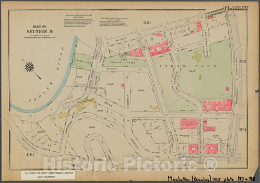 Historic 1925 Map - Plate 187, Part Of Section 8: [Bounded By W. 215Th Street, Broad - Vintage Wall Art
