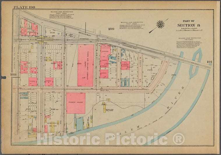 Historic 1925 Map - Plate 190, Part Of Section 8: [Bounded By Broadway, (Harlem Rive - Vintage Wall Art