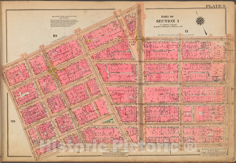 Historic 1921 Map - Plate 9: [Bounded By N. Moore Street, West Broadway, Franklin St - Vintage Wall Art