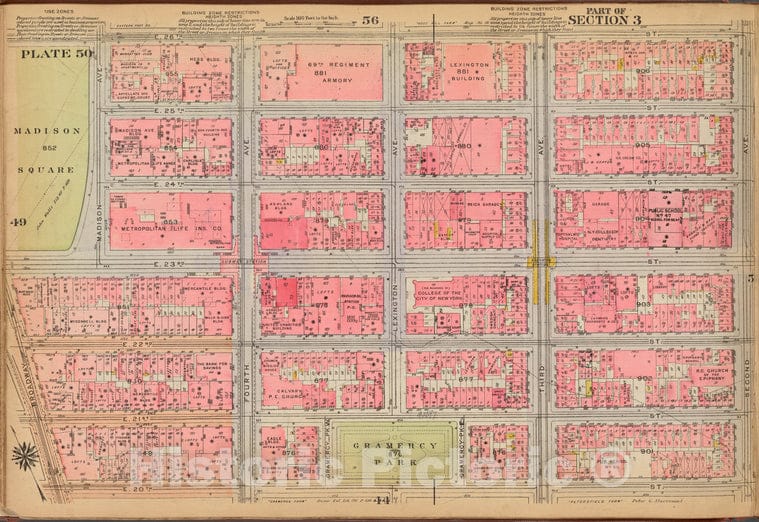 Historic 1921 Map - Plate 50: [Bounded By E. 26Th Street, Second Avenue, E. 20Th Str - Vintage Wall Art