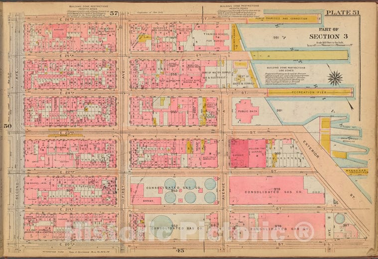 Historic 1921 Map - Plate 51: [Bounded By E. 26Th Street, East River Piers, Exterior - Vintage Wall Art