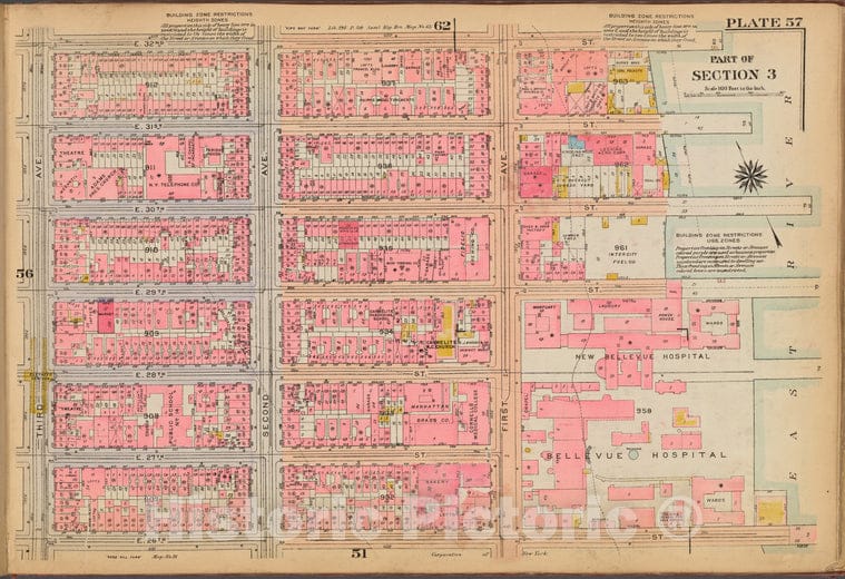 Historic 1921 Map - Plate 57: [Bounded By E. 32Nd Street, (East River) First Avenue, Vintage Wall Art