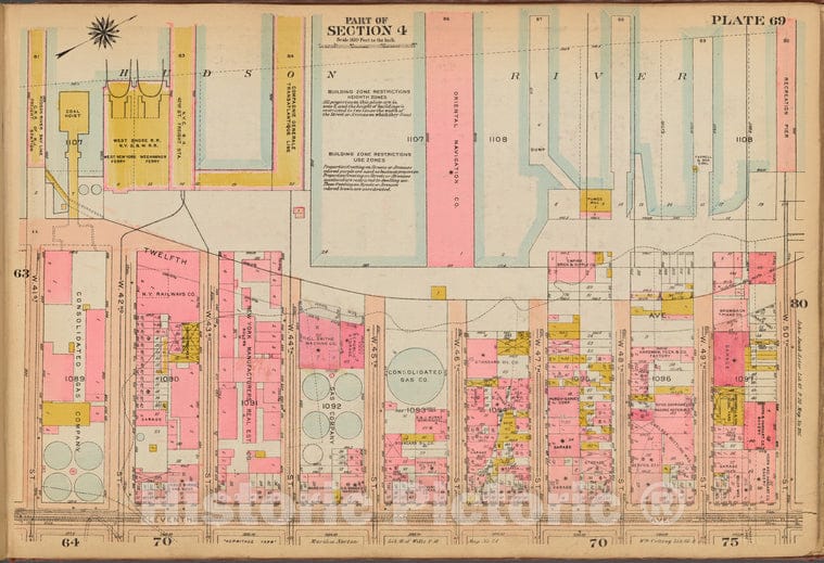 Historic 1921 Map - Plate 69: [Bounded By (Hudson River Piers) Twelfth Avenue, W. 50 - Vintage Wall Art