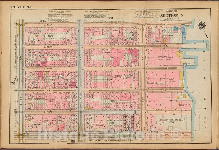Historic 1921 Map - Plate 74: [Bounded By E. 47Th Street, (East River) First Avenue, Vintage Wall Art