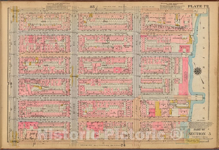 Historic 1921 Map - Plate 79: [Bounded By E. 53Rd Street, (East River) First Avenue, Vintage Wall Art