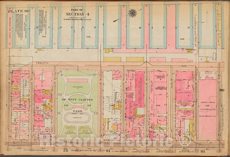 Historic 1921 Map - Plate 80: [Bounded By (Hudson River Piers) Twelfth Avenue, W. 59 - Vintage Wall Art