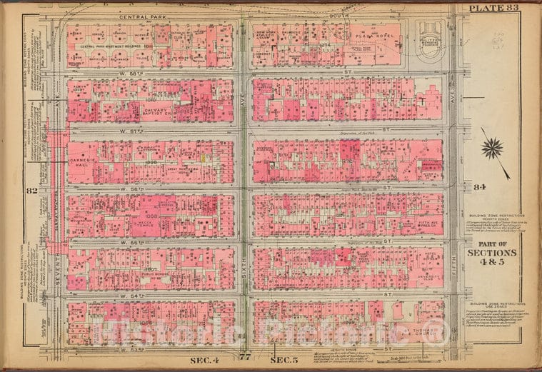 Historic 1921 Map - Plate 83: [Bounded By Central Park South, Fifth Avenue, W. 53Rd - Vintage Wall Art