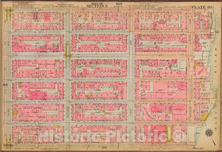 Historic 1921 Map - Plate 85: [Bounded By E. 59Th Street, (East River) Avenue A, E. - Vintage Wall Art