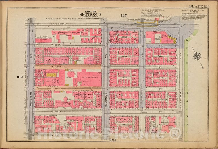 Historic 1921 Map - Plate 103: [Bounded By Cathedral Parkway, Central Park West, W. - Vintage Wall Art