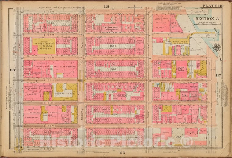 Historic 1921 Map - Plate 119: [Bounded By E. 95Th Street, East River, Avenue A, E. - Vintage Wall Art