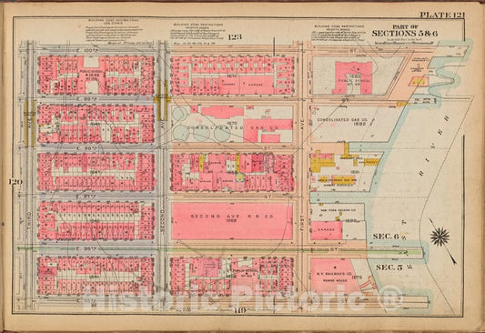 Historic 1921 Map - Plate 121: [Bounded By E. 100Th Street, (East River Piers) First - Vintage Wall Art