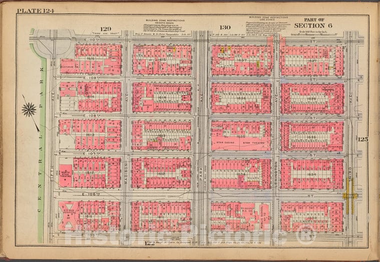Historic 1921 Map - Plate 124: [Bounded By E. 110Th Street, Third Avenue, E. 105Th S - Vintage Wall Art