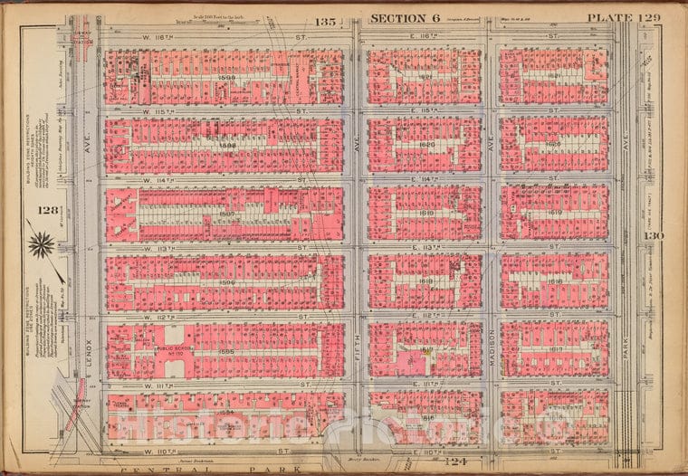 Historic 1921 Map - Plate 129: [Bounded By W. 116Th Street, E. 116Th Street, Park Av - Vintage Wall Art