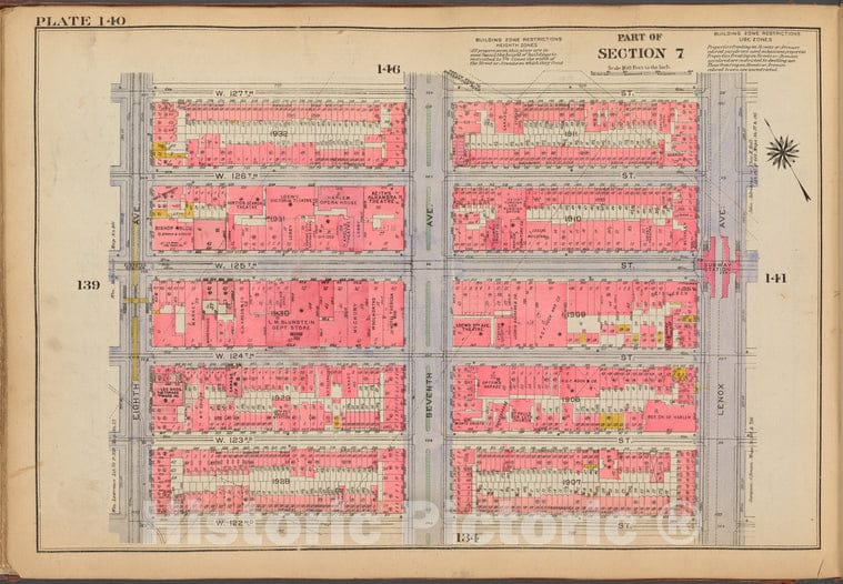 Historic 1921 Map - Plate 140: [Bounded By W. 127Th Street, Lenox Avenue, W. 122Nd S - Vintage Wall Art