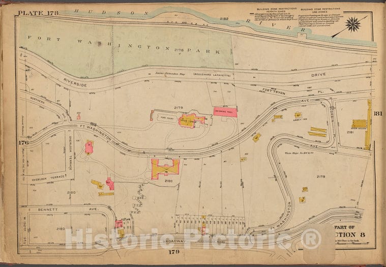 Historic 1921 Map - Plate 178: [Bounded By (Hudson River, Fort Washington Park) Rive - Vintage Wall Art