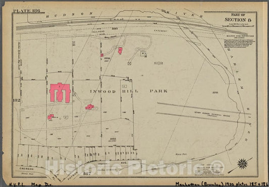 Historic 1930 Map - Plate 186, Part Of Section 8: [Inwood Hill Park, Bounded By Huds - Vintage Wall Art