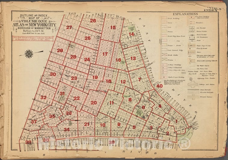 Historic 1927 Map - Outline And Index Map Of Volume One, Atlas Of New York City, Bor - Vintage Wall Art