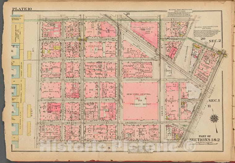 Historic 1927 Map - Plate 10, Part Of Sections 1 & 2: [Bounded By Watts Street, Sull - Vintage Wall Art