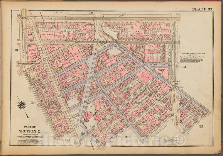 Historic 1927 Map - Plate 37, Part Of Section 2: [Bounded By W. 14Th Street, Seventh - Vintage Wall Art