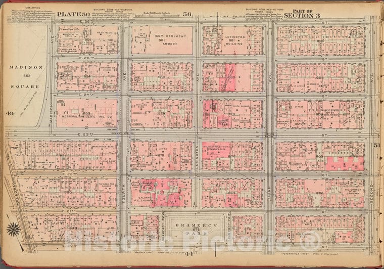 Historic 1927 Map - Plate 50, Part Of Section 3: [Bounded By E. 26Th Street, Second - Vintage Wall Art