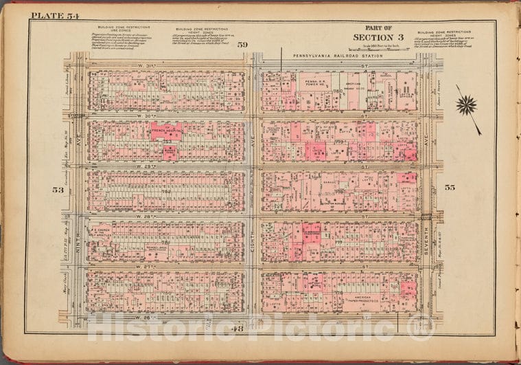 Historic 1927 Map - Plate 54, Part Of Section 3: [Bounded By W. 31St Street, Seventh - Vintage Wall Art