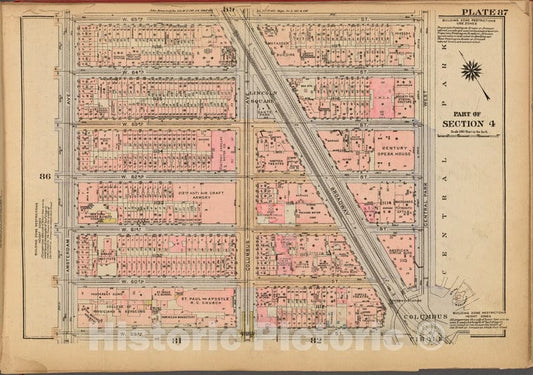 Historic 1927 Map - Plate 87, Part Of Section 4: [Bounded By W. 65Th Street, Central - Vintage Wall Art