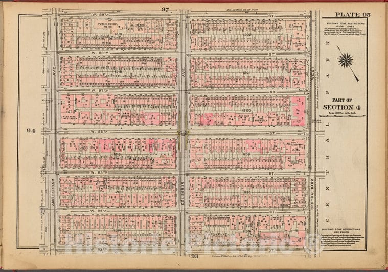 Historic 1927 Map - Plate 95, Part Of Section 4: [Bounded By W. 89Th Street, Central - Vintage Wall Art