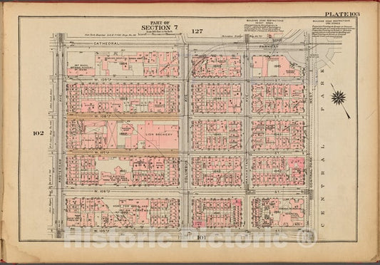 Historic 1927 Map - Plate 103, Part Of Section 7: [Bounded By Cathedral Parkway, Cen - Vintage Wall Art