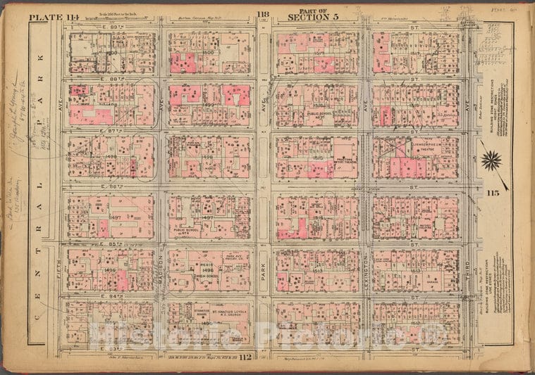 Historic 1927 Map - Plate 114, Part Of Section 5: [Bounded By E. 89Th Street, Third - Vintage Wall Art