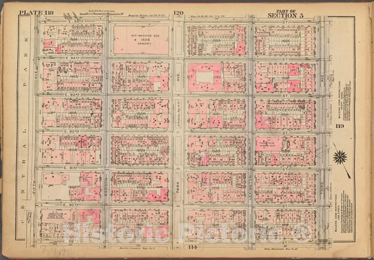 Historic 1927 Map - Plate 118, Part Of Section 5: [Bounded By E. 95Th Street, Third - Vintage Wall Art