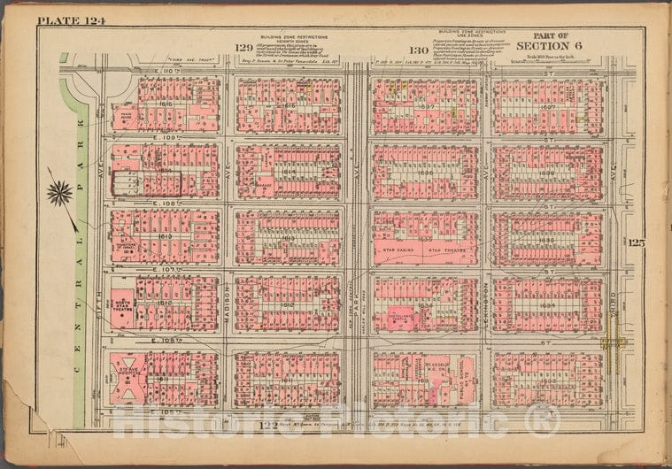 Historic 1927 Map - Plate 124, Part Of Section 6: [Bounded By E. 110Th Street, Third - Vintage Wall Art