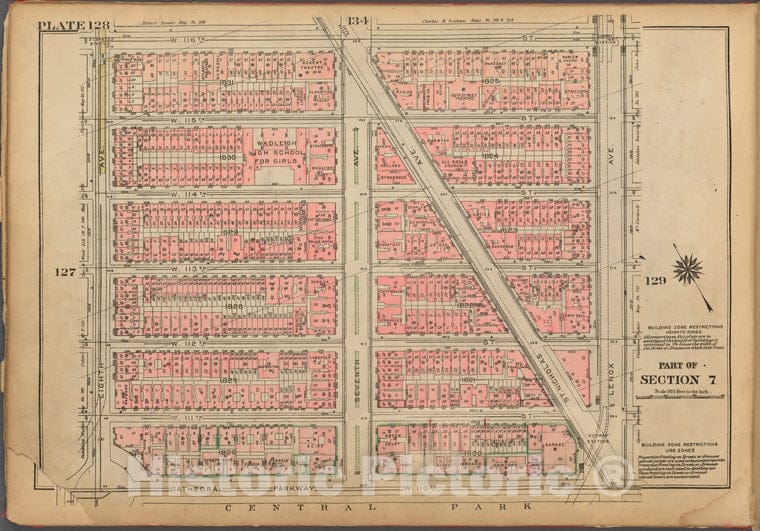 Historic 1927 Map - Plate 128, Part Of Section 7: [Bounded By W. 116Th Street, Lenox - Vintage Wall Art