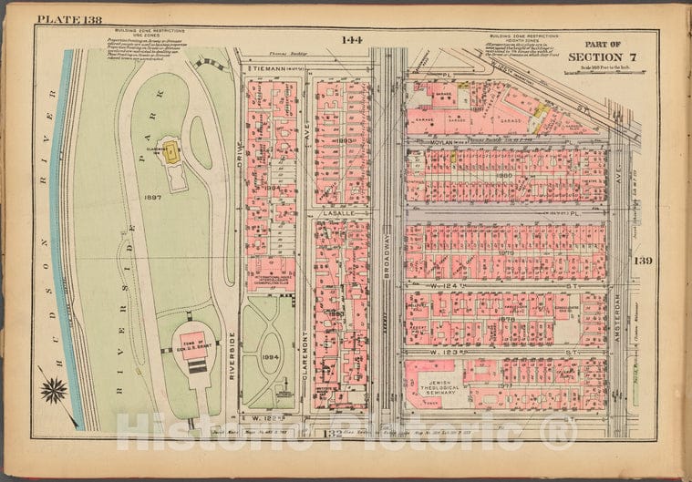 Historic 1927 Map - Plate 138, Part Of Section 7: [Bounded By Tiemann Place, W. 125T - Vintage Wall Art