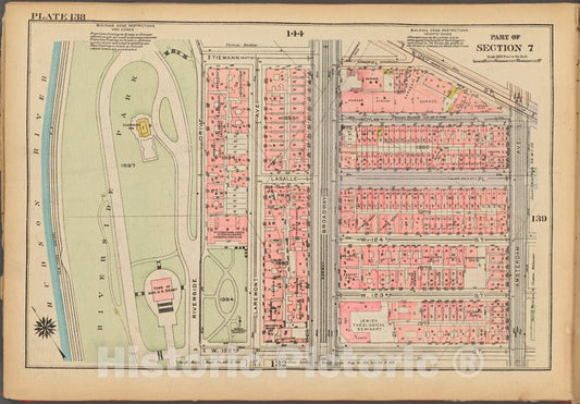Historic 1927 Map - Plate 138, Part Of Section 7: [Bounded By Tiemann Place, W. 125T - Vintage Wall Art