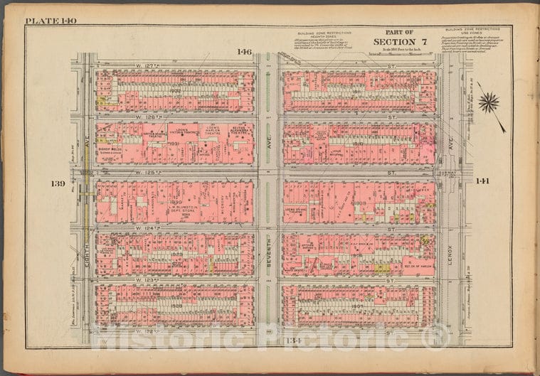 Historic 1927 Map - Plate 140, Part Of Section 7: [Bounded By W. 127Th Street, Lenox - Vintage Wall Art