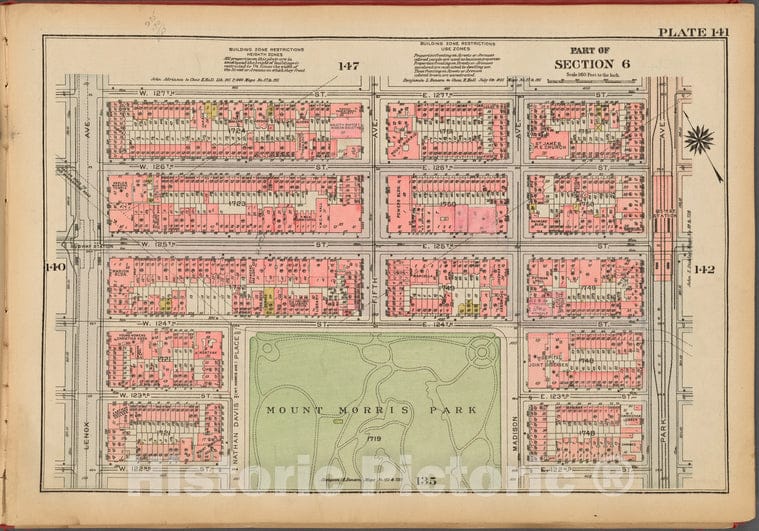 Historic 1927 Map - Plate 141, Part Of Section 6: [Bounded By W. 127Th Street, E. 12 - Vintage Wall Art