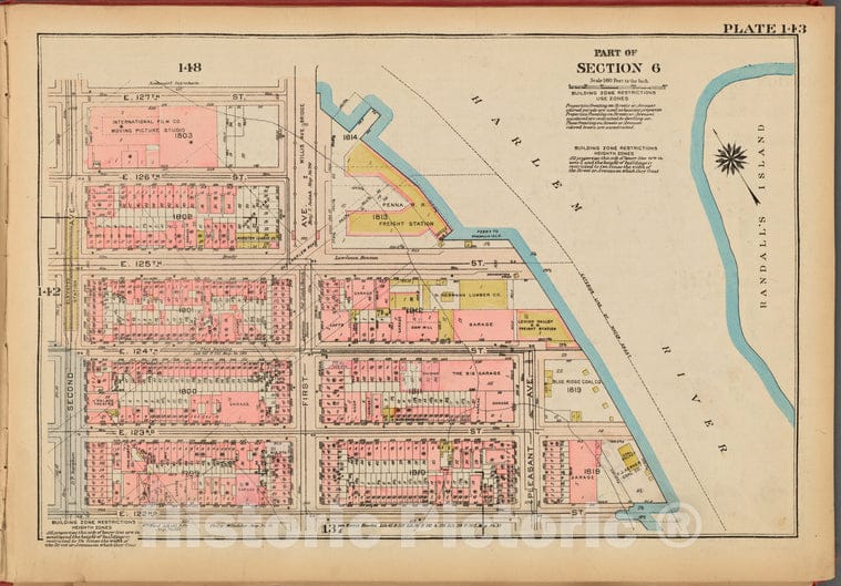 Historic 1927 Map - Plate 143, Part Of Section 6: [Bounded By E. 127Th Street, (Harl - Vintage Wall Art