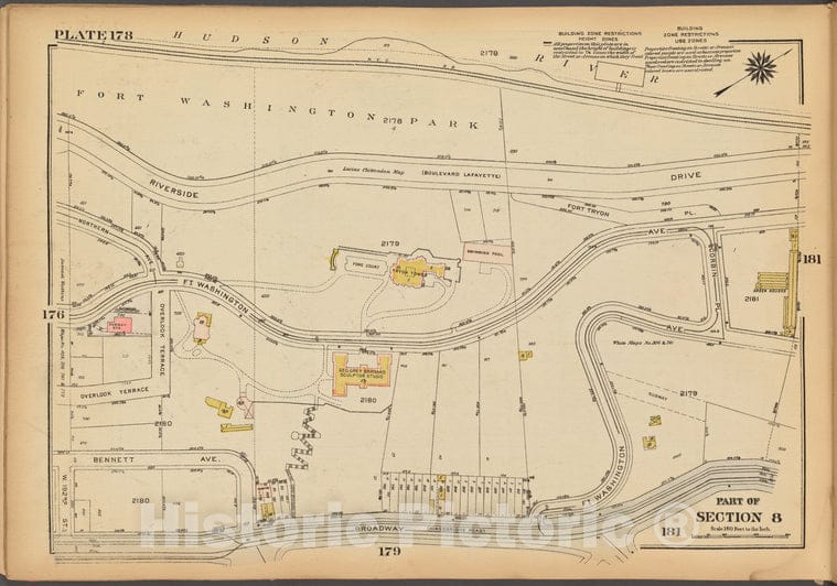 Historic 1927 Map - Plate 178, Part Of Section 8: [Bounded By (Hudson River, Fort Wa - Vintage Wall Art