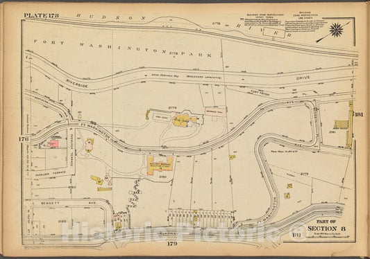 Historic 1927 Map - Plate 178, Part Of Section 8: [Bounded By (Hudson River, Fort Wa - Vintage Wall Art