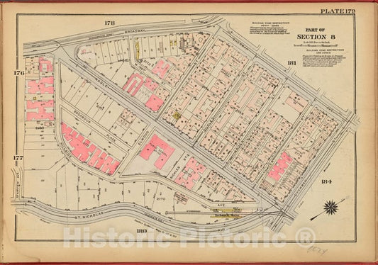 Historic 1927 Map - Plate 179, Part Of Section 8: [Bounded By Broadway, Sherman Aven - Vintage Wall Art