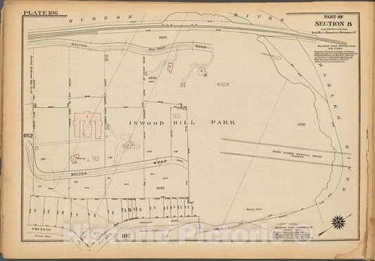Historic 1927 Map - Plate 186, Part Of Section 8: Inwood Hill Park, Bounded By Bolto - Vintage Wall Art