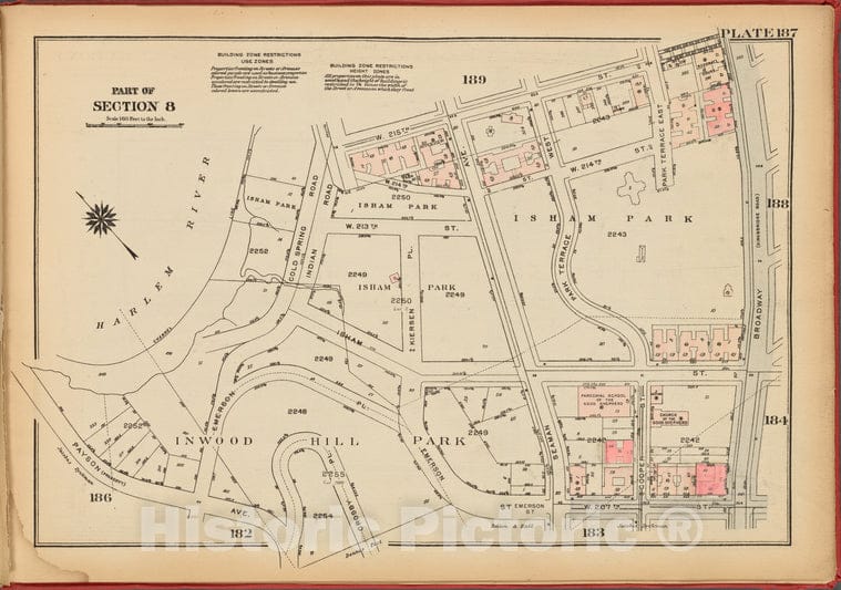 Historic 1927 Map - Plate 187, Part Of Section 8: [Bounded By W. 215Th Street, Broad - Vintage Wall Art